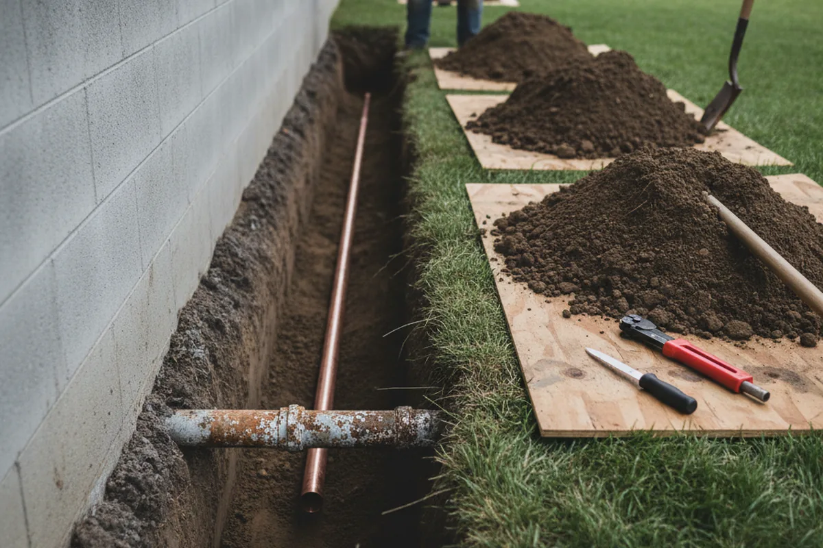 Excavated water line trench during Water Heater Repair in Maynard
